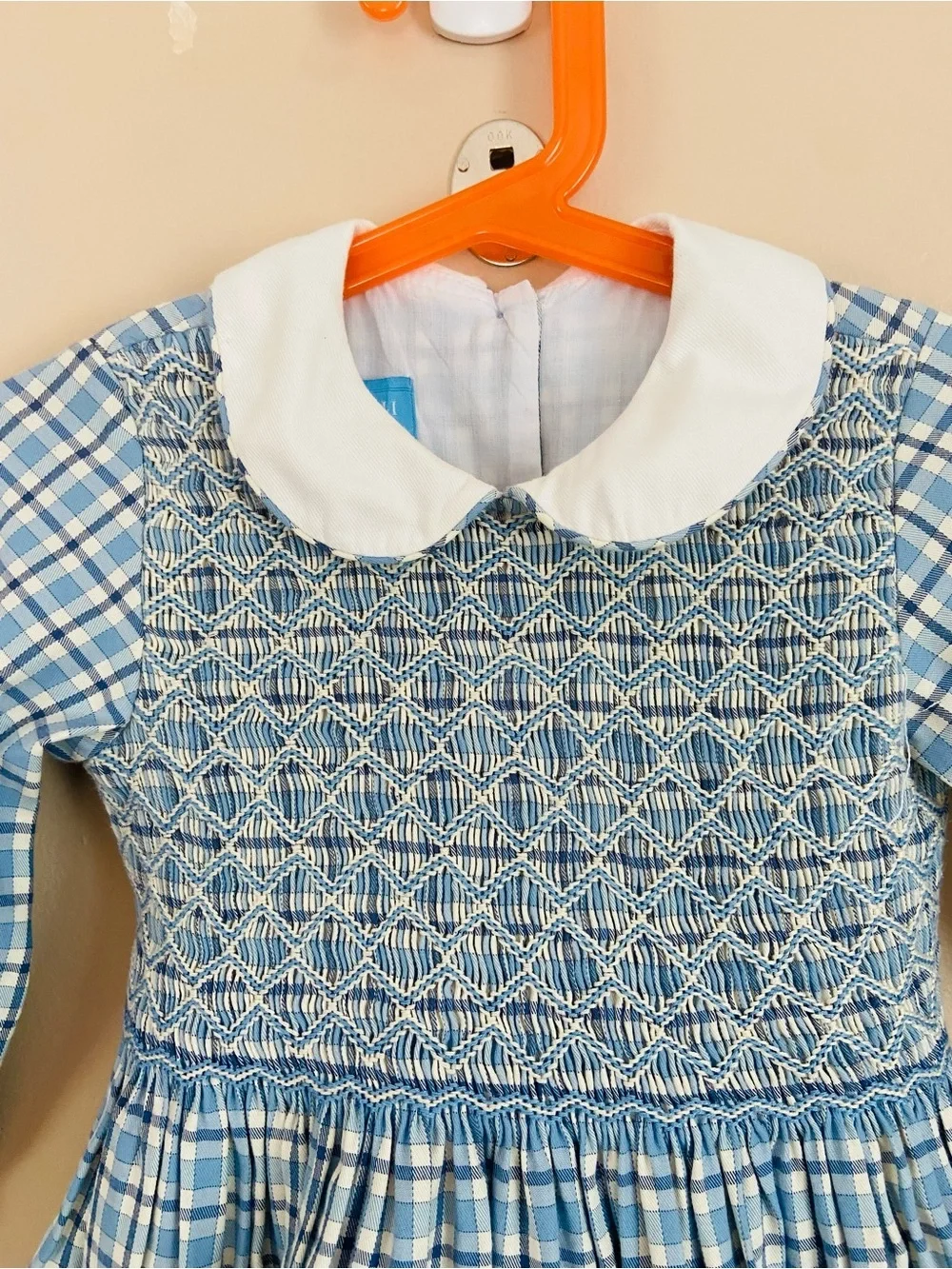 Anavini Vintage Style Smocked Plaid Dress Blue White Peter Pan Collar Size 3